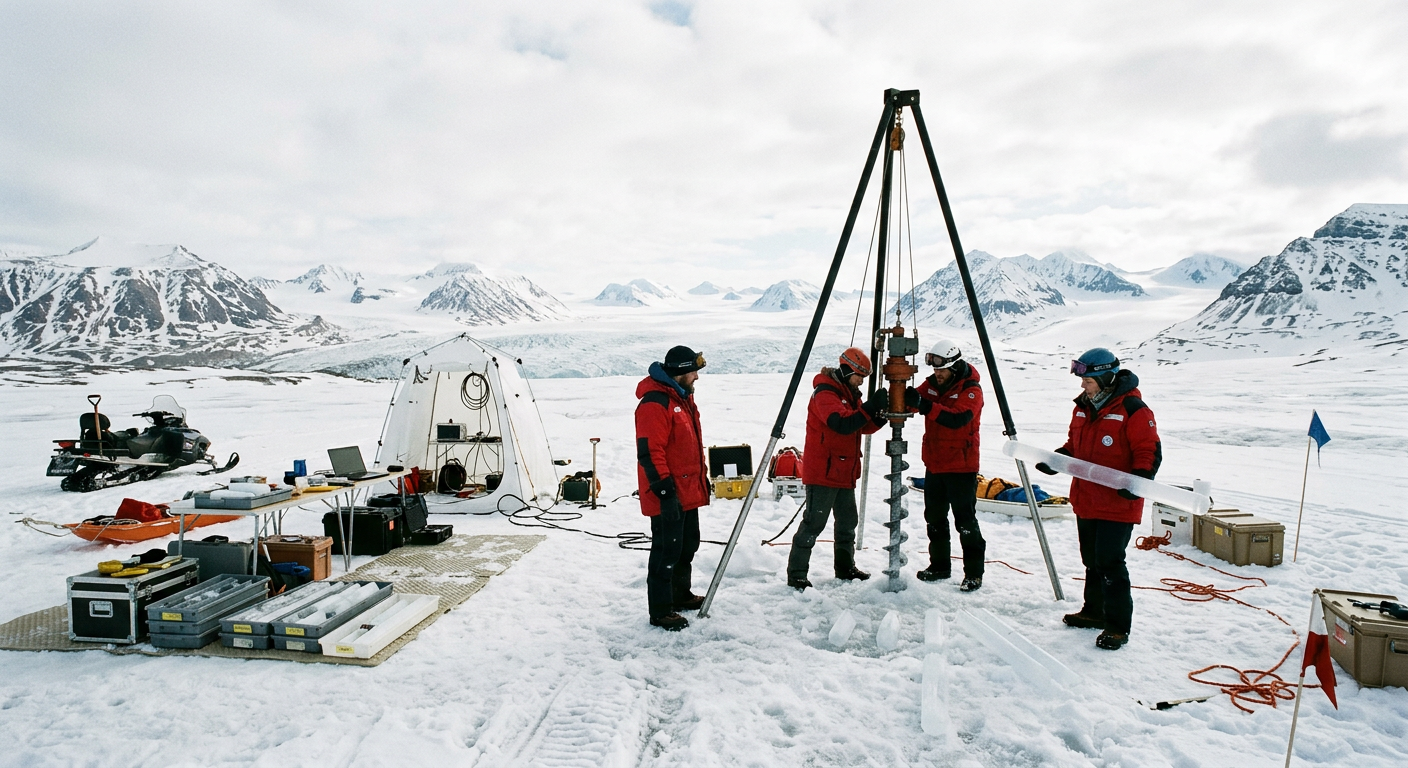 Researchers drilling an ice core on an Arctic glacier