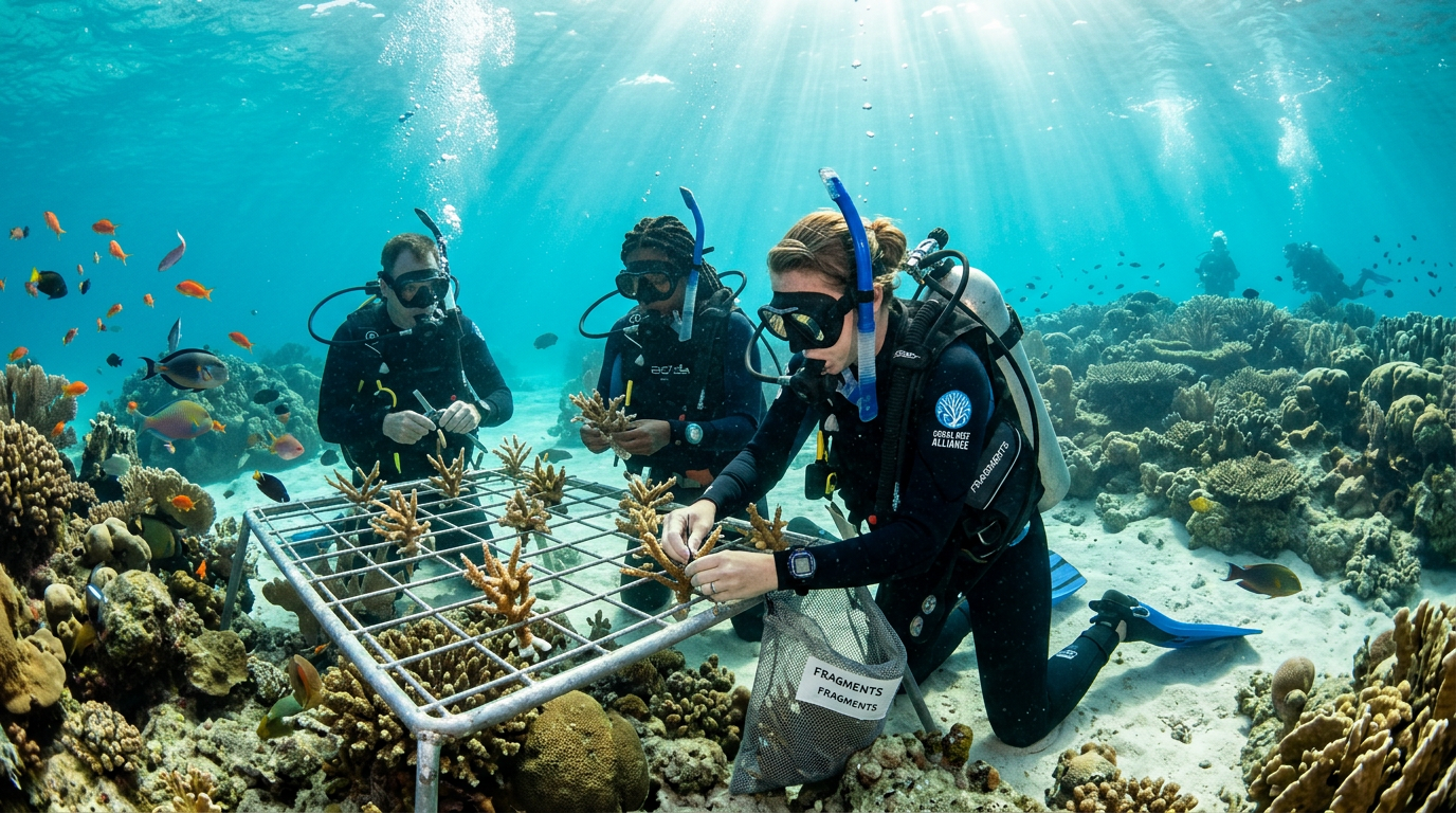 Divers attaching coral fragments to an underwater restoration frame