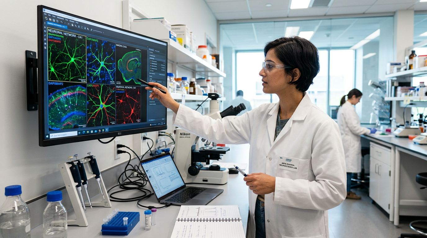 Researcher reviewing brain imaging on a monitor in a laboratory