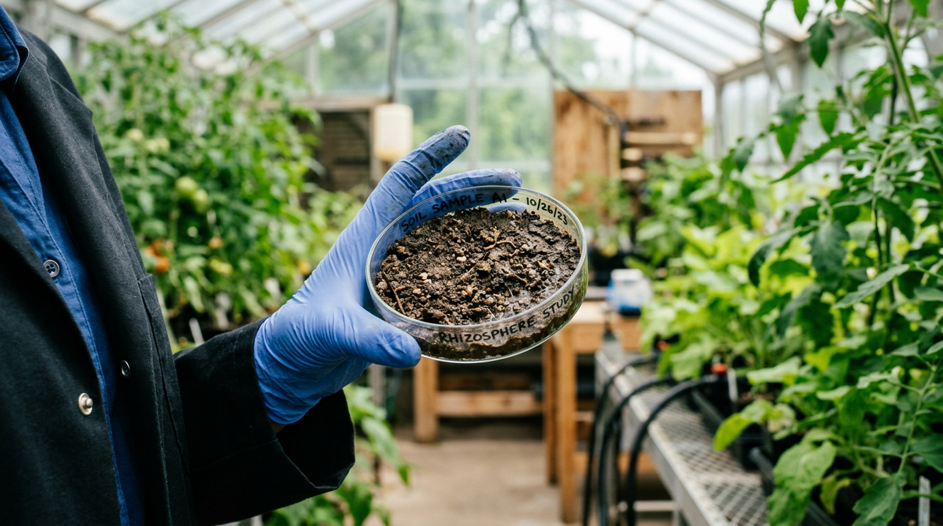 Gloved hands holding a petri dish with soil samples in a greenhouse